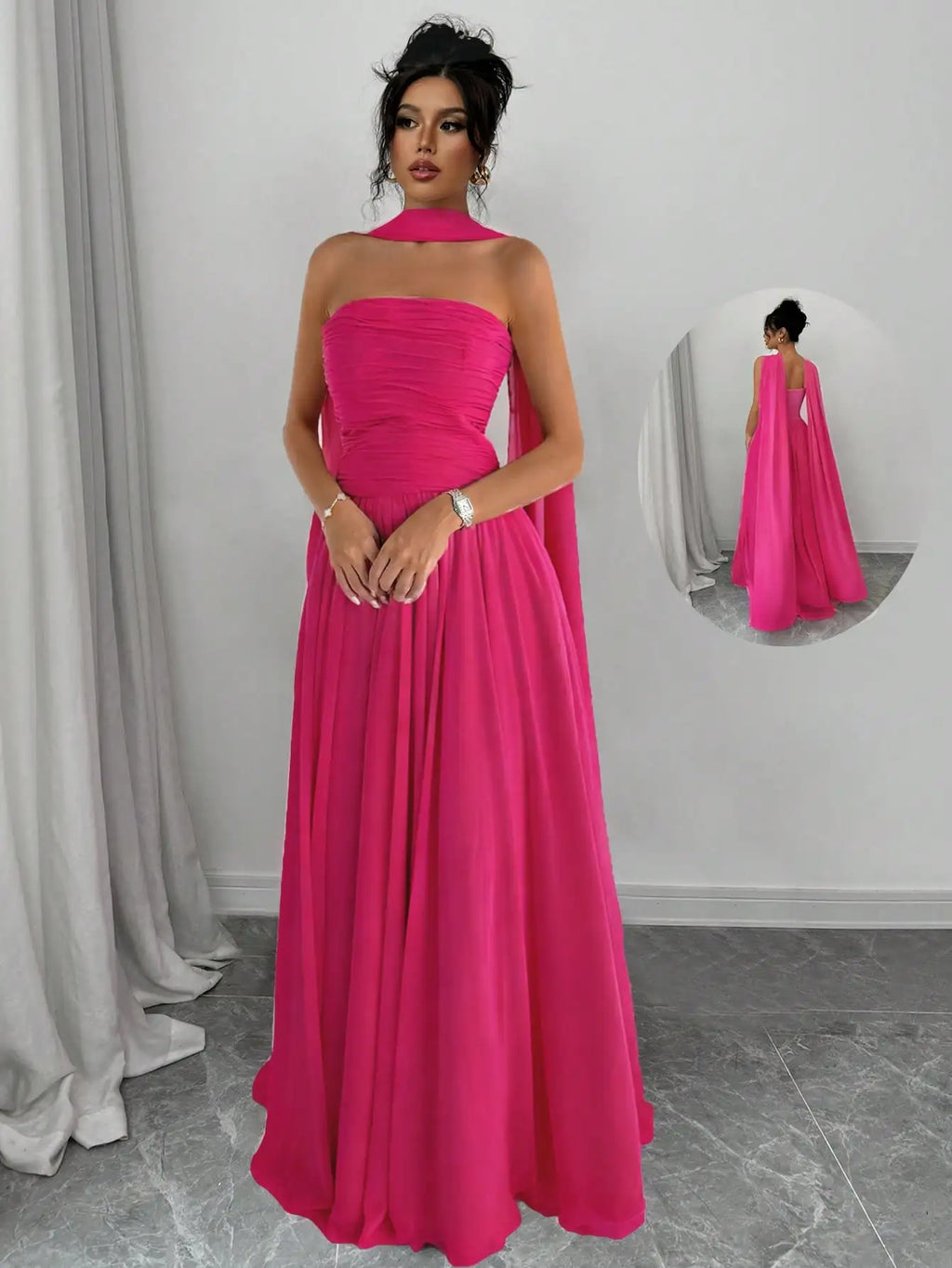 Elegant Solid Pink Sleeveless Maxi Dress With Backless Design And Draped Cape Overlay
