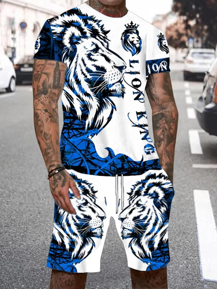 Summer Men Sets Shorts Outfits Male Tees Street T Shirt Two Piece 3D Lion Print Casual O-Neck Tracksuit Oversized Beach T Shirt