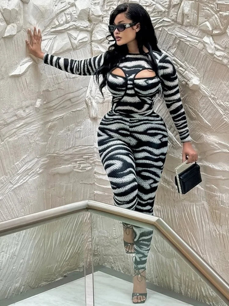 Wmstar Two Piece Sets Women Fashion Hollow Out Jumpsuit and Top Zebra Stripes Autumn and Winter Matching Suit 2025 New Style