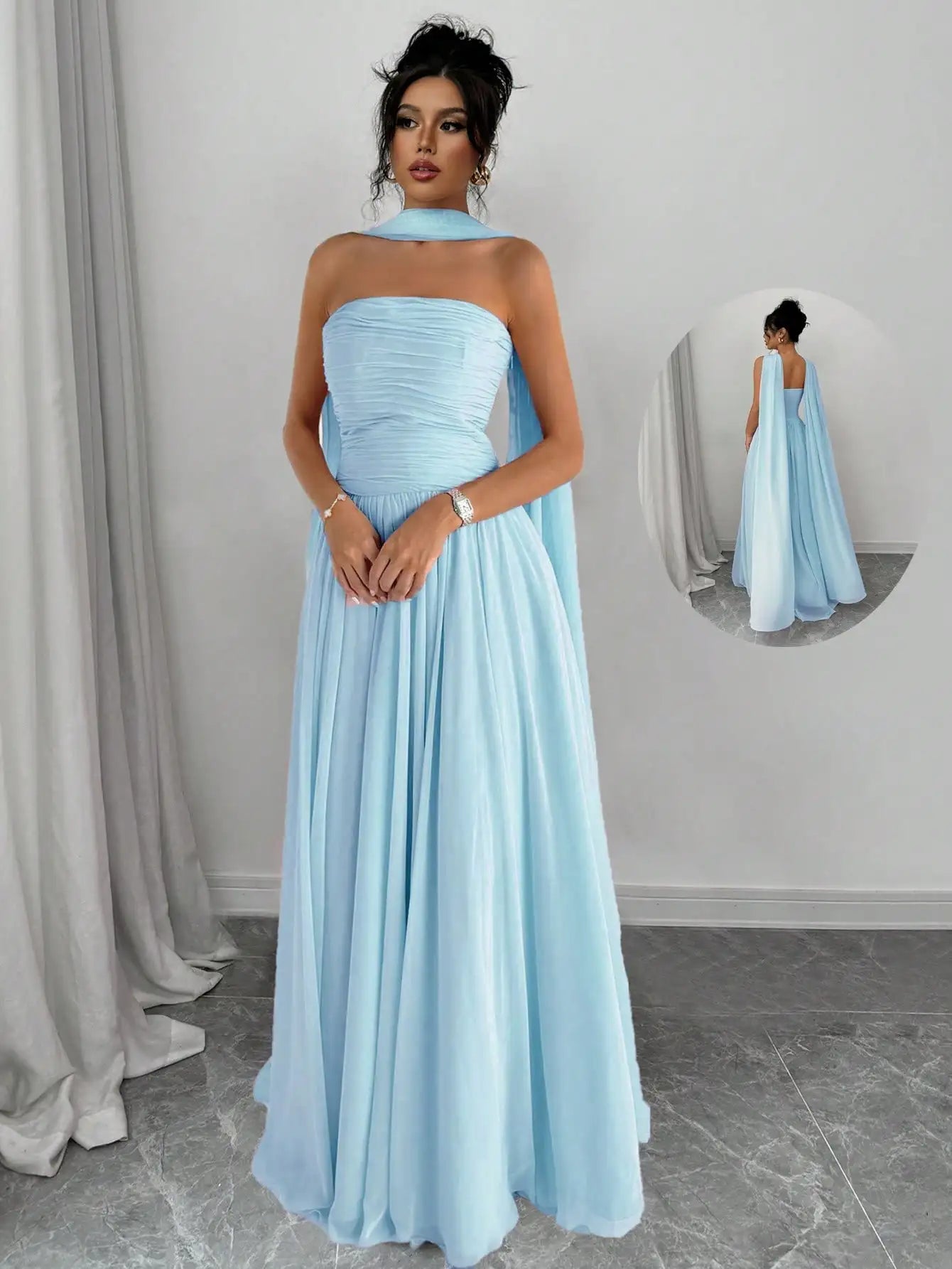 Elegant Solid Pink Sleeveless Maxi Dress With Backless Design And Draped Cape Overlay