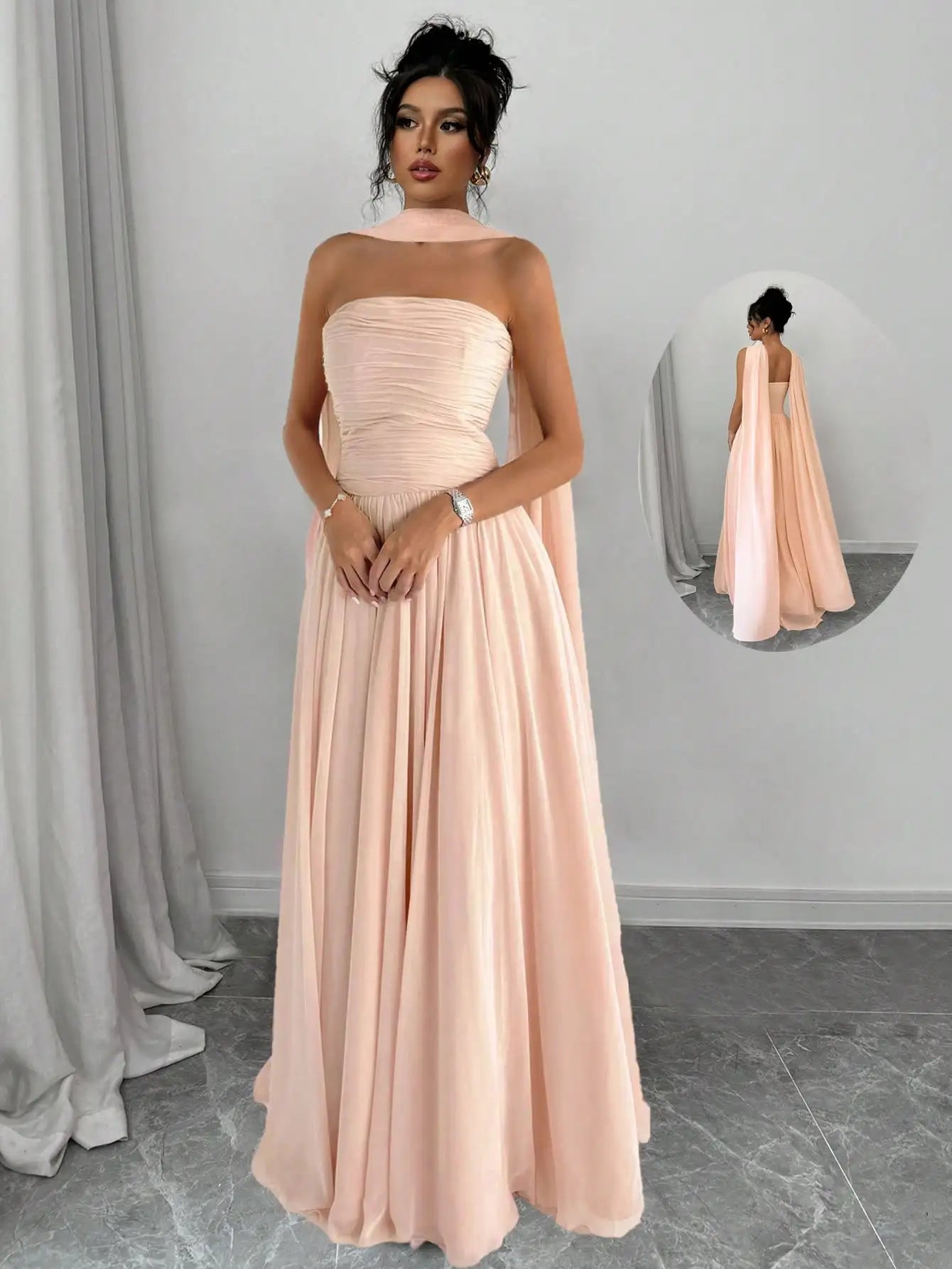 Elegant Solid Pink Sleeveless Maxi Dress With Backless Design And Draped Cape Overlay