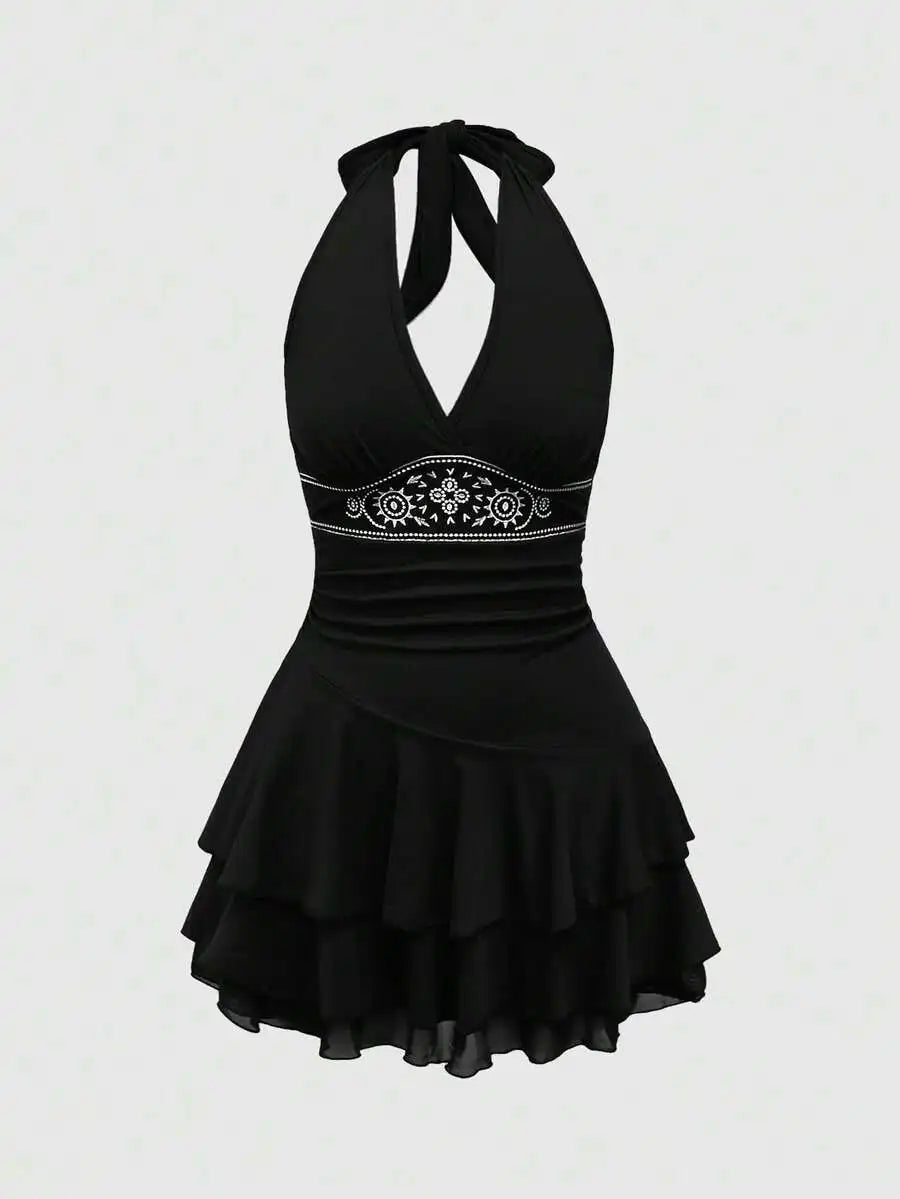 Brown Halter Neck Embroidered Tiered Hem Mini Dress with Floral Motif