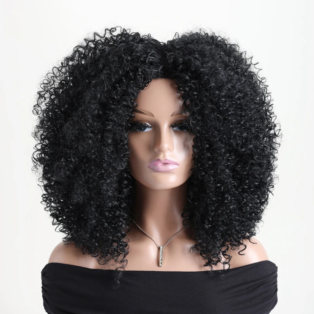 16 Inch Afro Kinky Curly Hair Wigs With Bangs Soft Fluffy Synthetic Fiber None Lace Wigs For Party Cosplay Daily Use