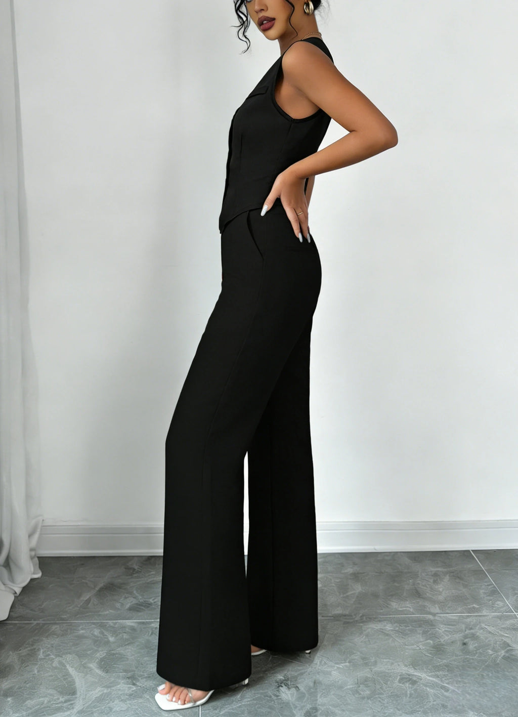 Women's Black Two Piece Outfit Sleeveless V Neck Vest Blazer High Waist Wide Leg Pants Elegant Office Spring Summer Suit Set