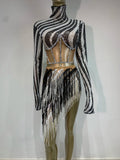 Women Sexy Sparkly Rhinestone Tassel Party Two Piece Set Women Birthday Nightclub Prom Crystal Fringe Leotard Dance Stage Outfit