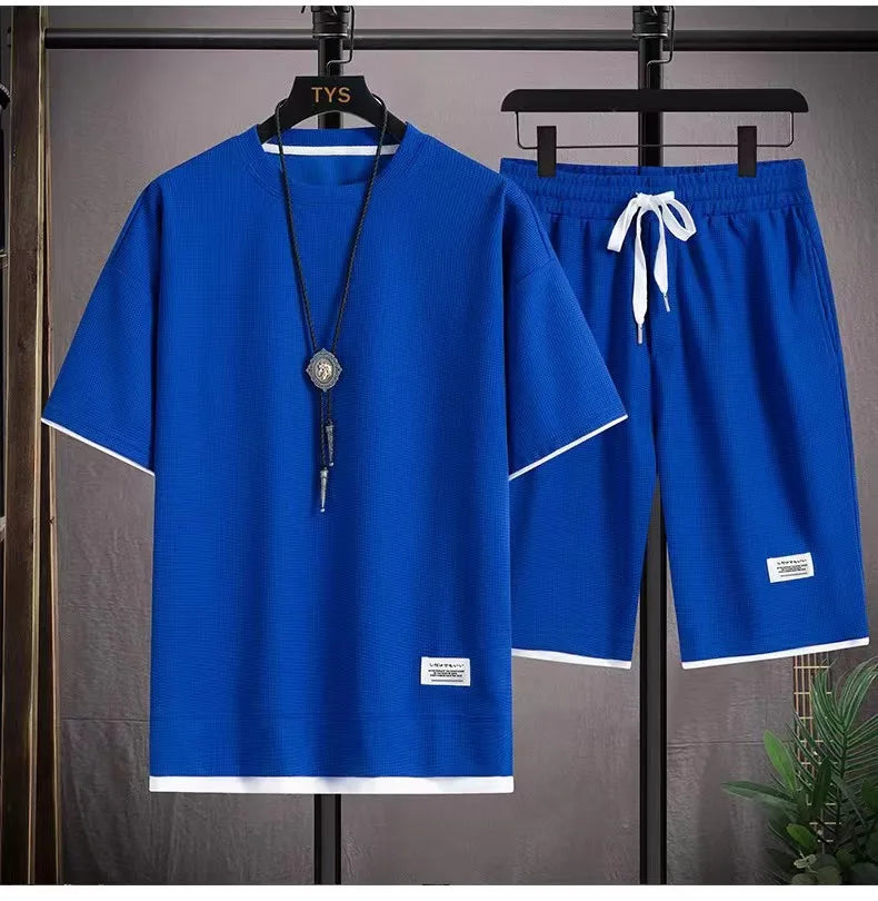 Korean Men's Waffle Tracksuit Short Sleeve T-shirts And Sports Shorts Summer Casual Outfits Joggers Sets Men's Two Piece Suit