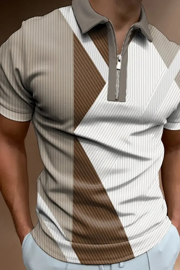 Shirts Men Tops Polo Shirt Short Sleeve Turn Down Collar Zipper Casual Simple Regular Top Splice Print Slim Fit Autumn 2024