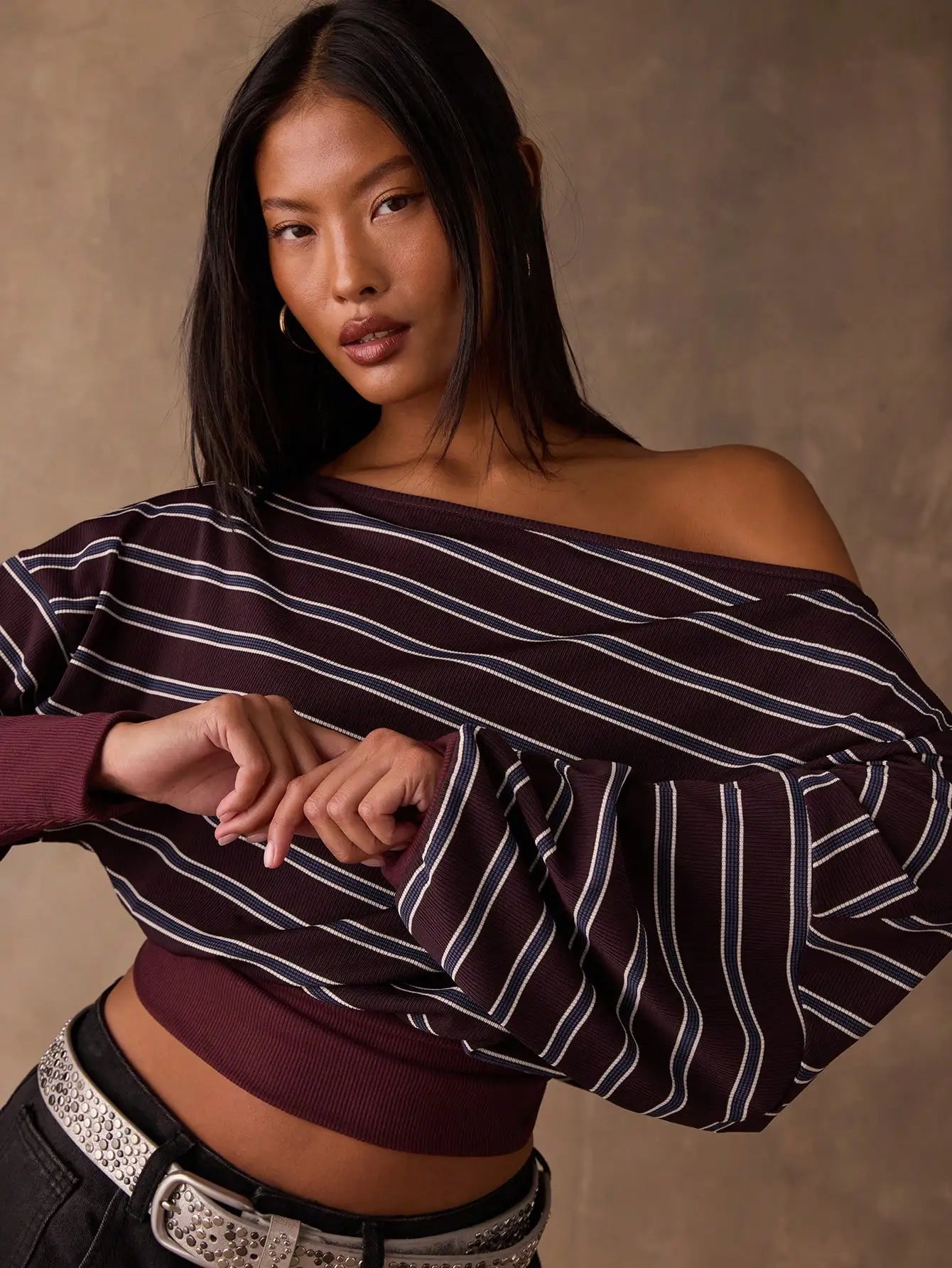 Women's Off-Shoulder Striped Long Sleeve Crop Top Casual Loose Fit Burgundy