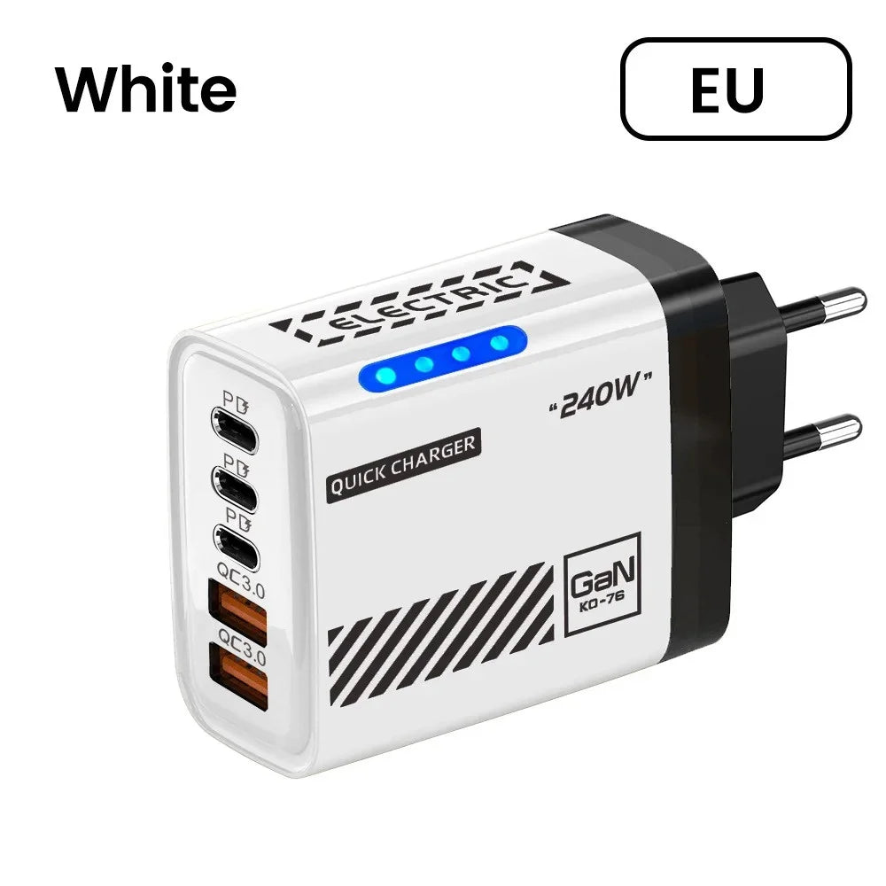 GaN 240W USB C Wall Charger 5 Ports PD QC3.0 Fast Charge Phone Adapter for iPhone 17 16 15 Samsung Xiaomi Huawei EU/US/UK Plug
