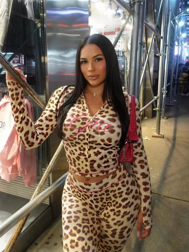 2Pcs Sexy Women's Zipper Hooded Cardigan Top + High-Waisted Tight Trousers Two-piece Set Ladies Leopard Print Clothes Outfit