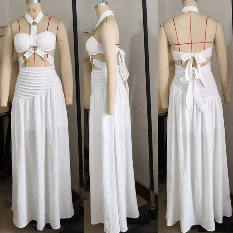 Sexy Halter Backless Maxi Dress Sets Woman Two Piece Set Festival Outfit Y2K Bandage Hollow Out Top and Long Skirt Matching Sets