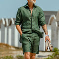 2026 Fashion Streetwear Men's Summer Comfy Cotton Linen Casual Suit Long-sleeved Shirt and Shorts Two-pieces Men Vacation Outfit