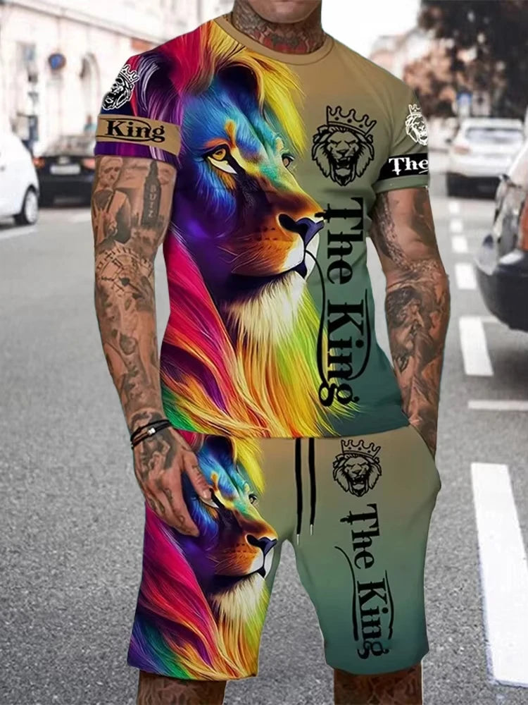 Summer Men Sets Shorts Outfits Male Tees Street T Shirt Two Piece 3D Lion Print Casual O-Neck Tracksuit Oversized Beach T Shirt