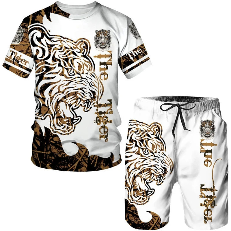 New Summer Men's Sets Shorts Outfits 3D Tiger Printed Short Sleeve T-shirt Two Pieces Casual Tracksuit Oversized Beach Sportwear