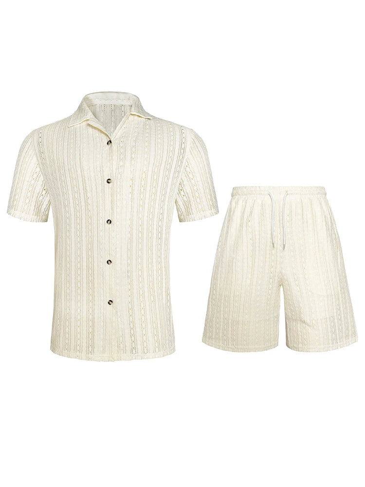 Seaside Beach Casual Hollow Out Outfits Men Summer Daily Leisure Button Short Sleeve Shirts And Shorts Sets Mens Two Piece Suits