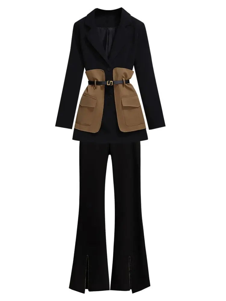 2025 Spring Belt Decorative Patchwork Jacket Blazer Casual Expansion Crying Two-piece Elegant Women Pants Suit Office Outfits