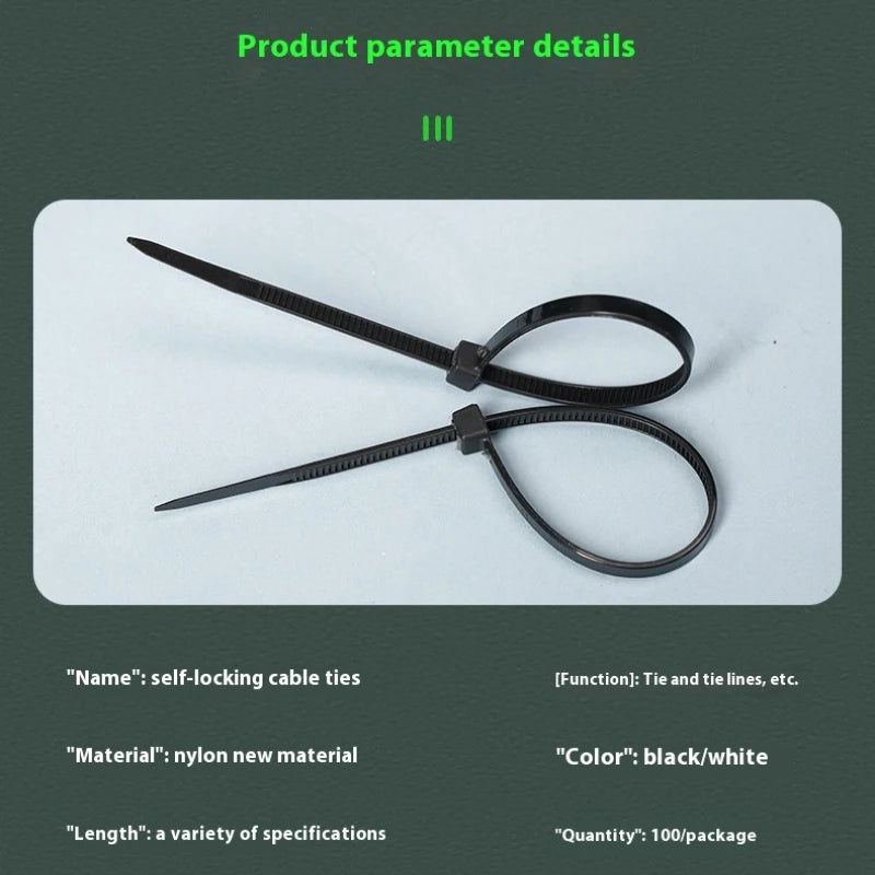 100 PCS Self-locking Plastic Nylon Tie Black Fastening Strap Cable-Tie-Set Cable Zip Tie Fastening Ring Zip Wraps Strap Tie