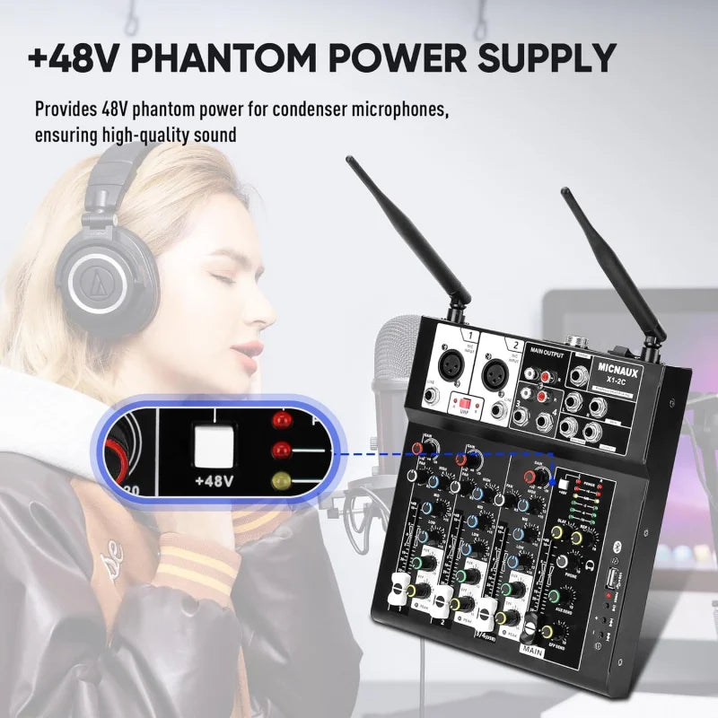 4 Channel Audio Mixer, Karaoke Mixer with Dual Wireless Microphones, Professional Sound Board DJ Mixing Bluetooth 48V Phantom