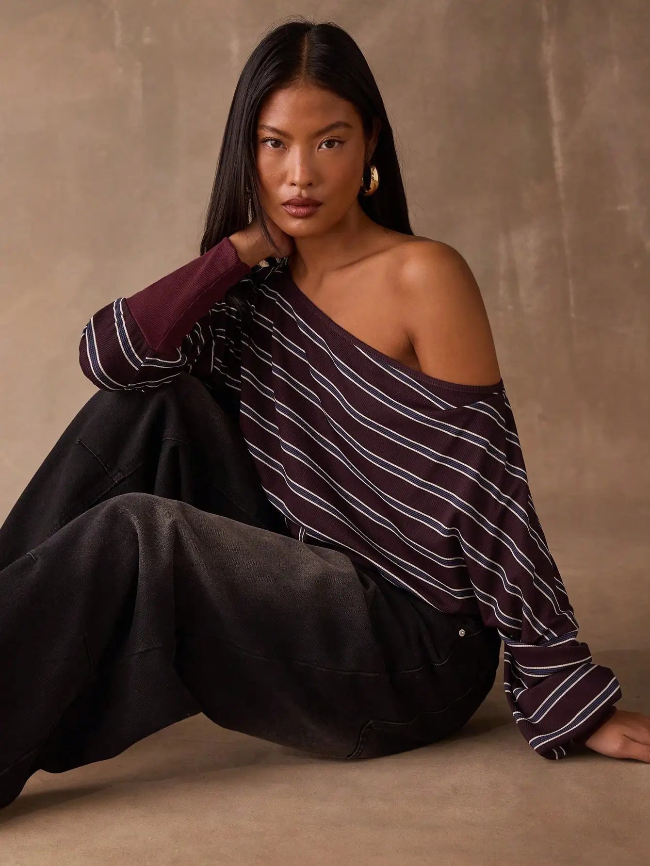 Women's Off-Shoulder Striped Long Sleeve Crop Top Casual Loose Fit Burgundy