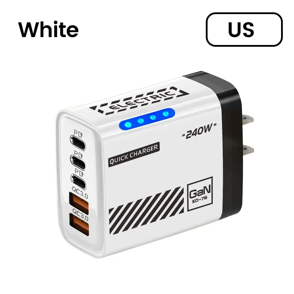 GaN 240W USB C Wall Charger 5 Ports PD QC3.0 Fast Charge Phone Adapter for iPhone 17 16 15 Samsung Xiaomi Huawei EU/US/UK Plug