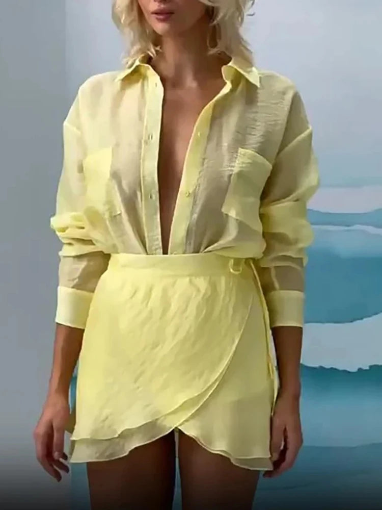 Women's Yellow Vacation Two Piece Set Turn-Down Collar Shirt & Bandage Mini Skirt Summer Beachwear Outfit Casual Slim Suit Chic