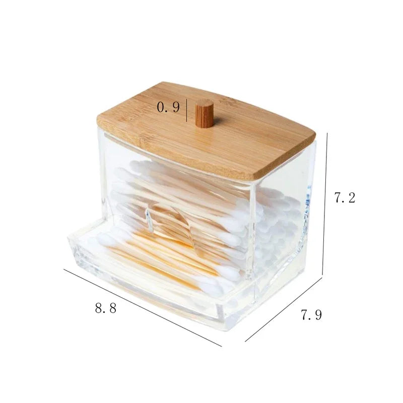 Cotton Swab Storage Box Double-Ended Cotton Swab Container Transparent Square Bamboo Lid Cotton Swab and Toothpick Organizer Box