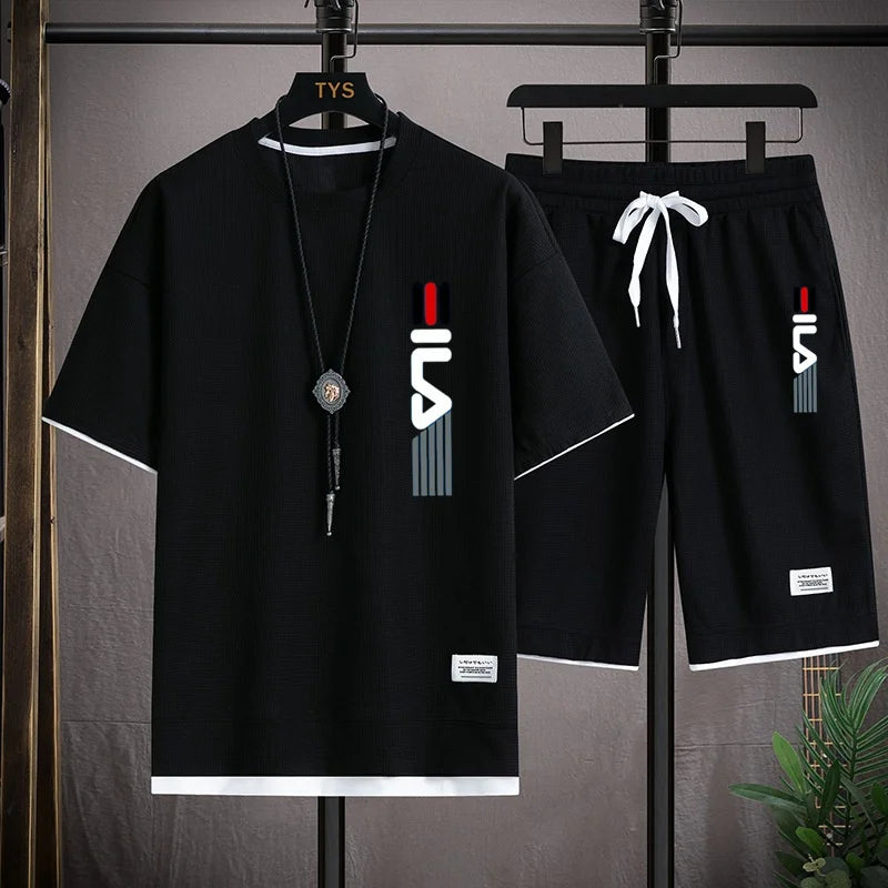 2026 Summer Men's Casual Short-Sleeved T-Shirt Set, fashionable outdoor outfit, two-piece set.