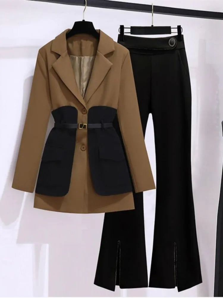 2025 Spring Belt Decorative Patchwork Jacket Blazer Casual Expansion Crying Two-piece Elegant Women Pants Suit Office Outfits