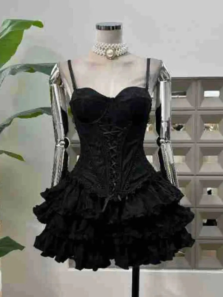 2025 New Summer Fashion Sexy Top Cake Skirt Women's Outfit Lace Bottom Birthday Party Club Dress Y2k Two Pieces Sets Black