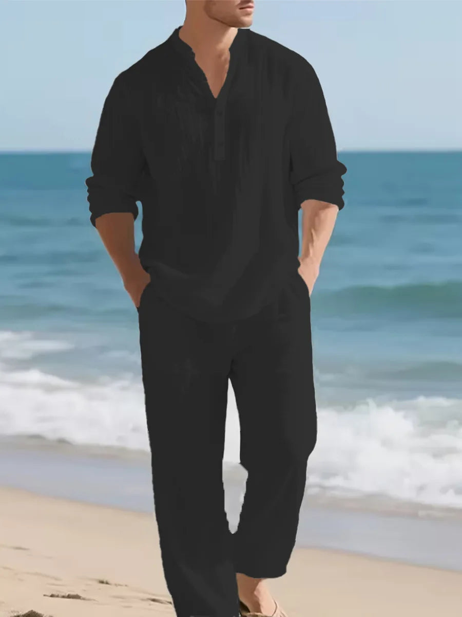 Men's Linen Solid Color Set Casual Long Sleeve Shirt Loose Pants Two Piece Outfit Beach Vacation Fashion