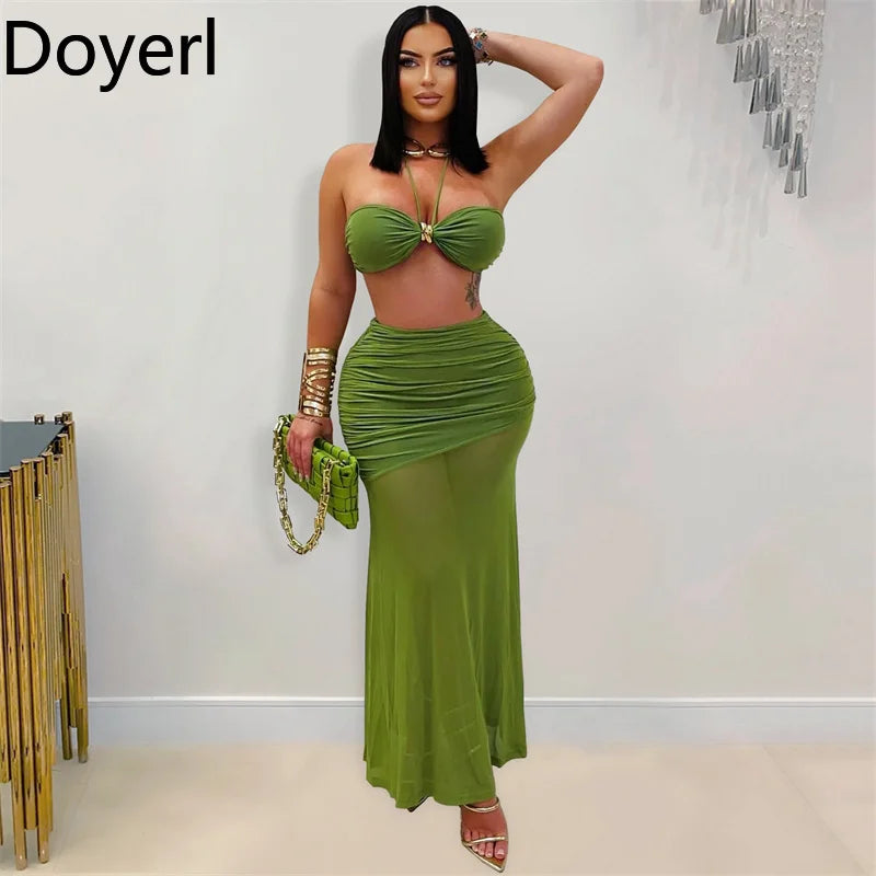 Sexy Outfits Women Two Piece Set Festival Clothing Holiday Club Mesh Sheer Ruched Halter Strapless Crop Top and Long Skirt Sets