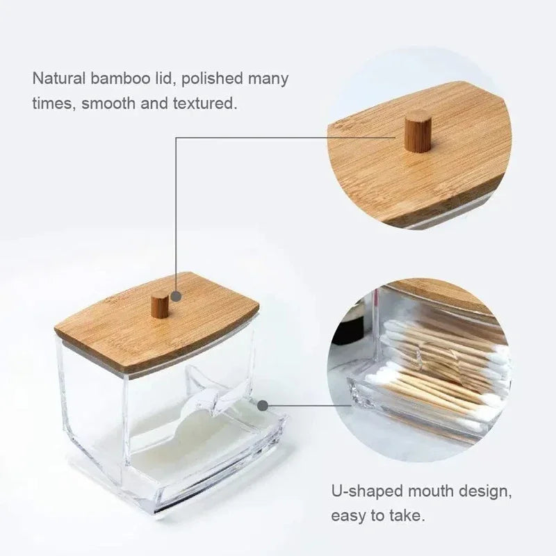 Cotton Swab Storage Box Double-Ended Cotton Swab Container Transparent Square Bamboo Lid Cotton Swab and Toothpick Organizer Box