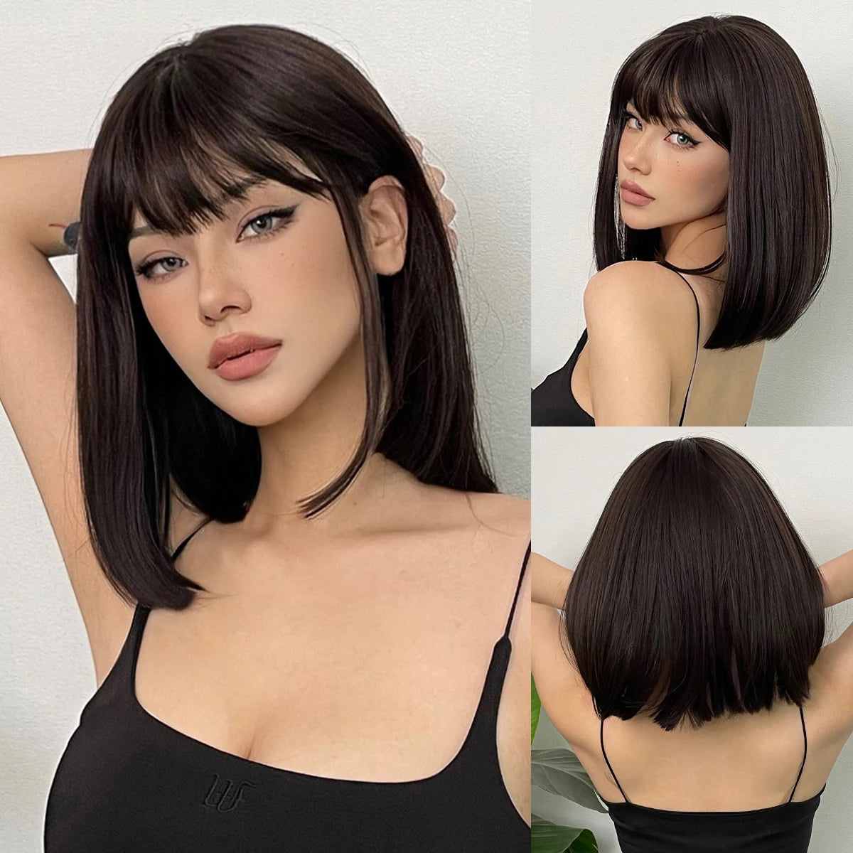 Ombre Blonde Pink Bob Wig with Fluffy Bangs Synthetic Short Straight Wigs for Black Women Heat Resistant Cosplay Daily Hair
