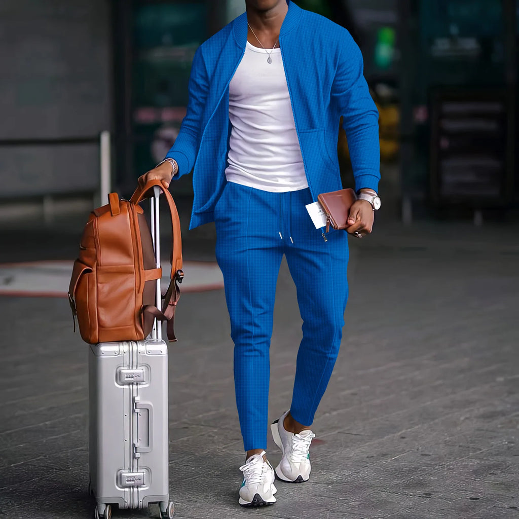 Men's Business Casual Two-Piece Set Spring Autumn Waffle Zippered Shirt Coat And Trousers Trendy Fashionable Outfit