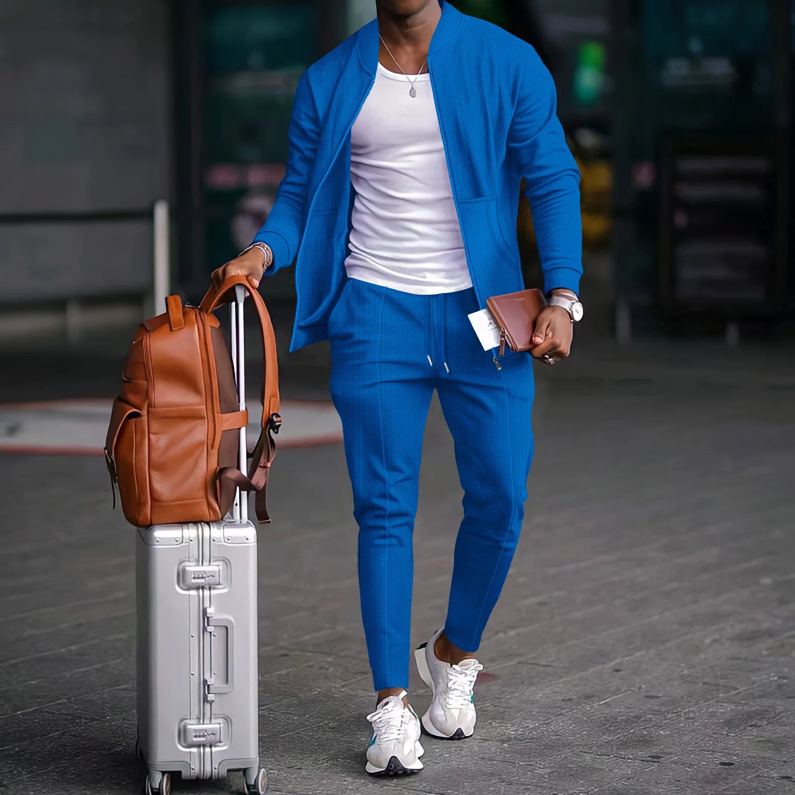Men's Business Casual Two-Piece Set Spring Autumn Waffle Zippered Shirt Coat And Trousers Trendy Fashionable Outfit