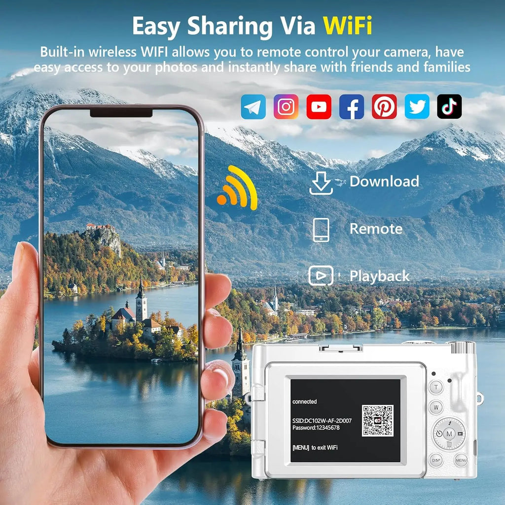 4K WiFi Vlogging Camera with 64MP, Autofocus, Flip Screen, Anti-Shake for Travel and YouTube