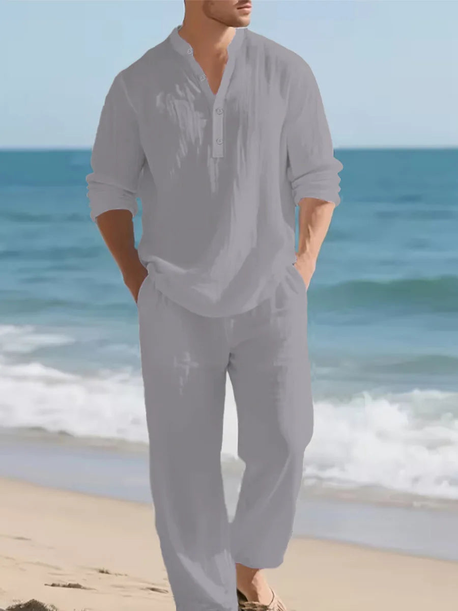 Men's Linen Solid Color Set Casual Long Sleeve Shirt Loose Pants Two Piece Outfit Beach Vacation Fashion