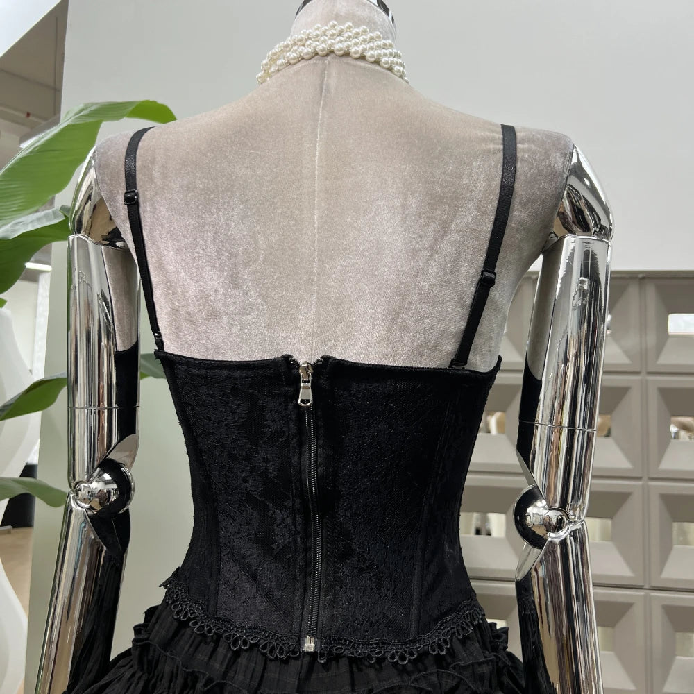 2025 New Summer Fashion Sexy Top Cake Skirt Women's Outfit Lace Bottom Birthday Party Club Dress Y2k Two Pieces Sets Black
