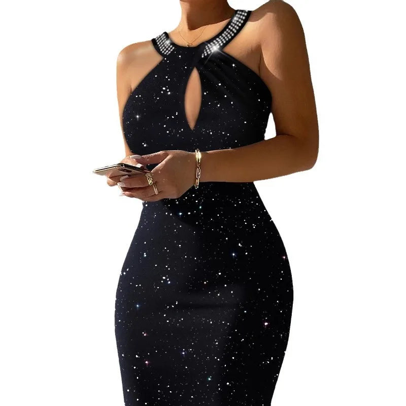 Long Dress Women Party Sheath Dresses Slim Sequins Sleeveless Backless Halter Neck Vestidos Summer 2025 Female Sexy Maxi Gown