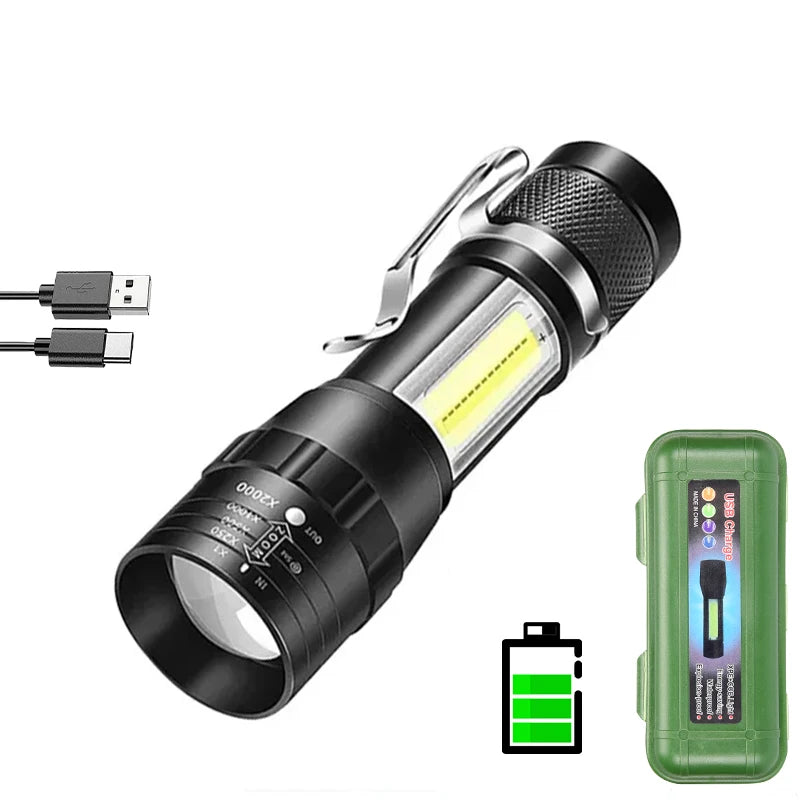 COB+XPE Mini Portable Flashlight Zoomable Small Torch USB Rechargeable Outdoor Camping Fishing Long Range Emergency Lantern