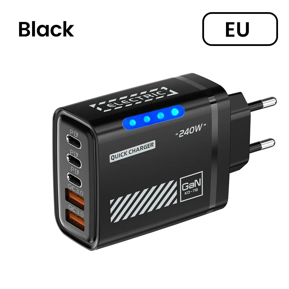 GaN 240W USB C Wall Charger 5 Ports PD QC3.0 Fast Charge Phone Adapter for iPhone 17 16 15 Samsung Xiaomi Huawei EU/US/UK Plug