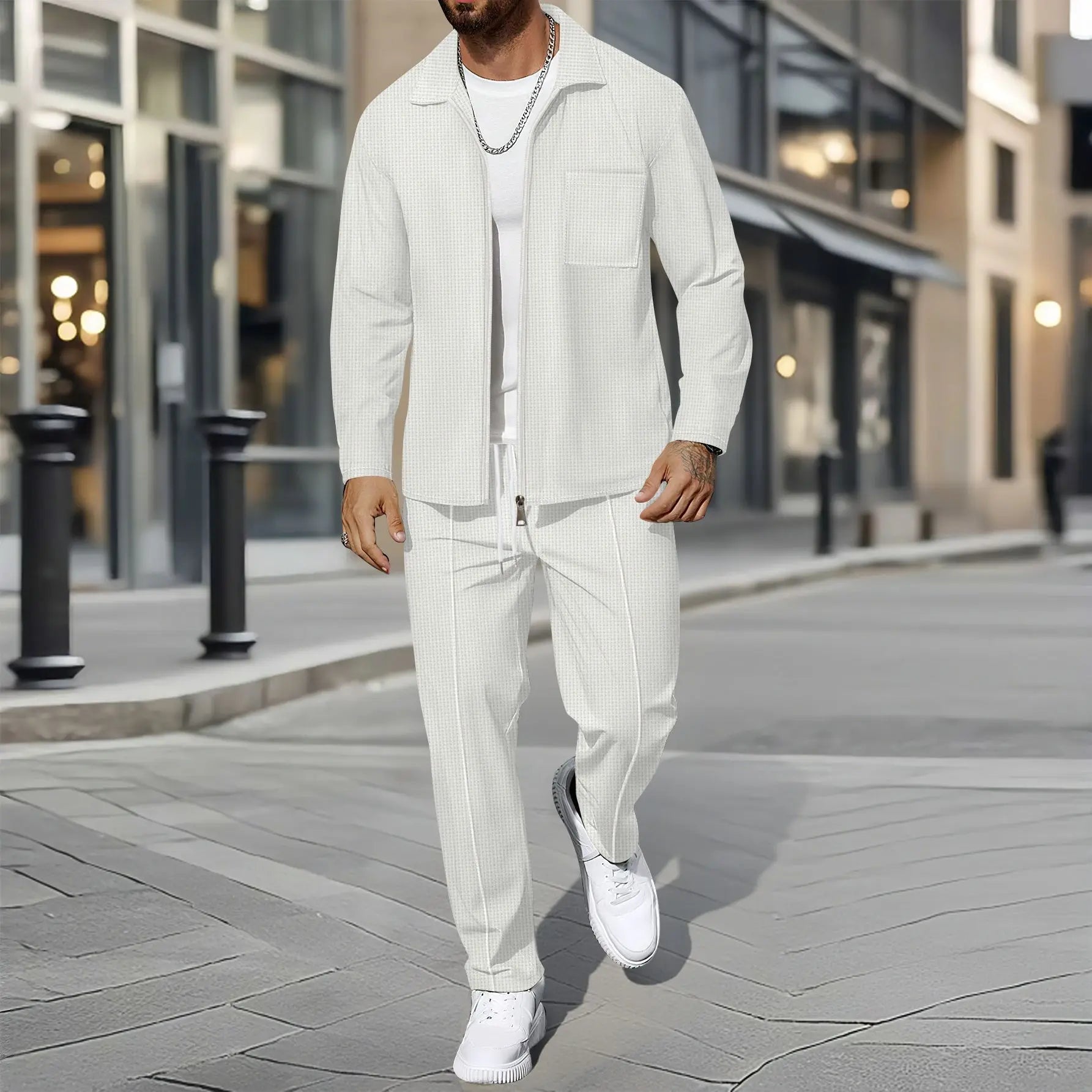 Men's Business Casual Two-Piece Set Spring Autumn Waffle Zippered Shirt Coat And Trousers Trendy Fashionable Outfit
