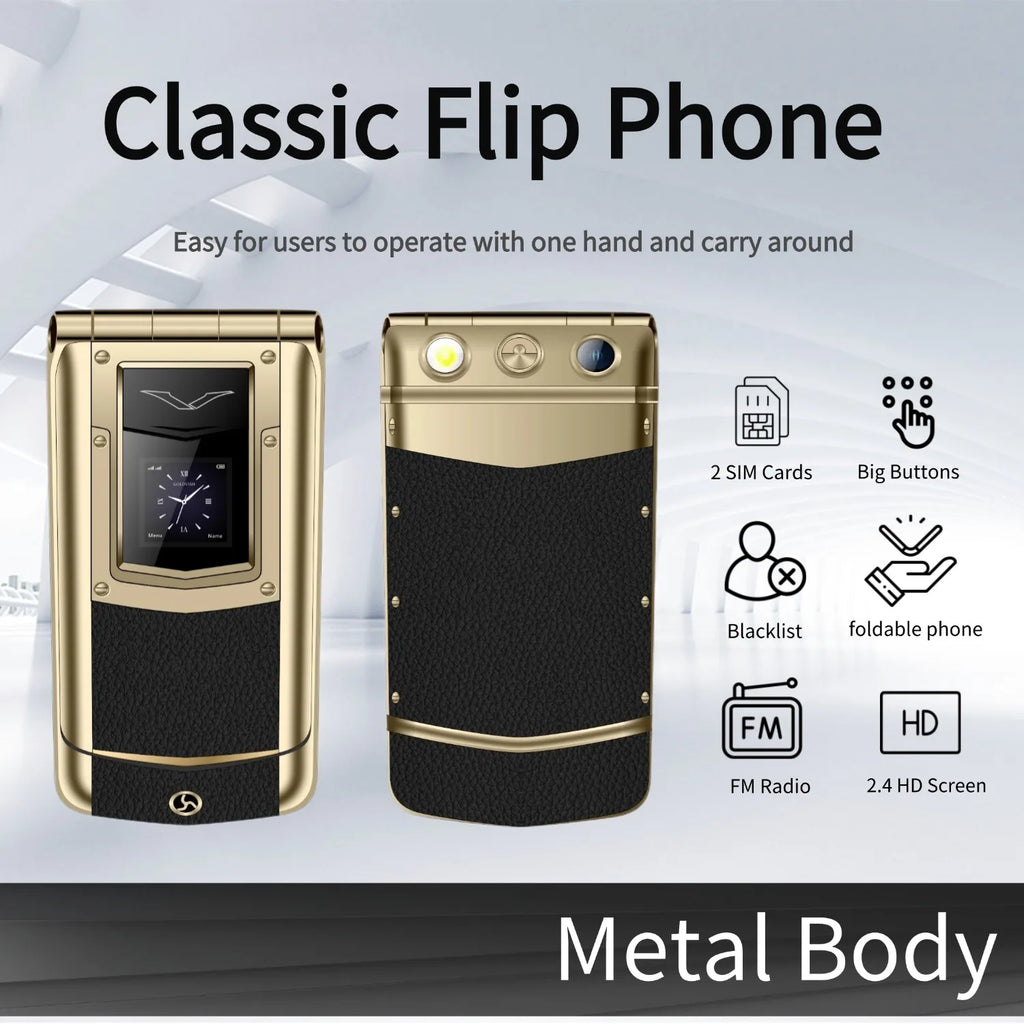 Luxury Metal Flip Phone for Men Dual SIM Business Phone Big Button Dual Screen Magic Voice Blacklist Senior Classic Mobile