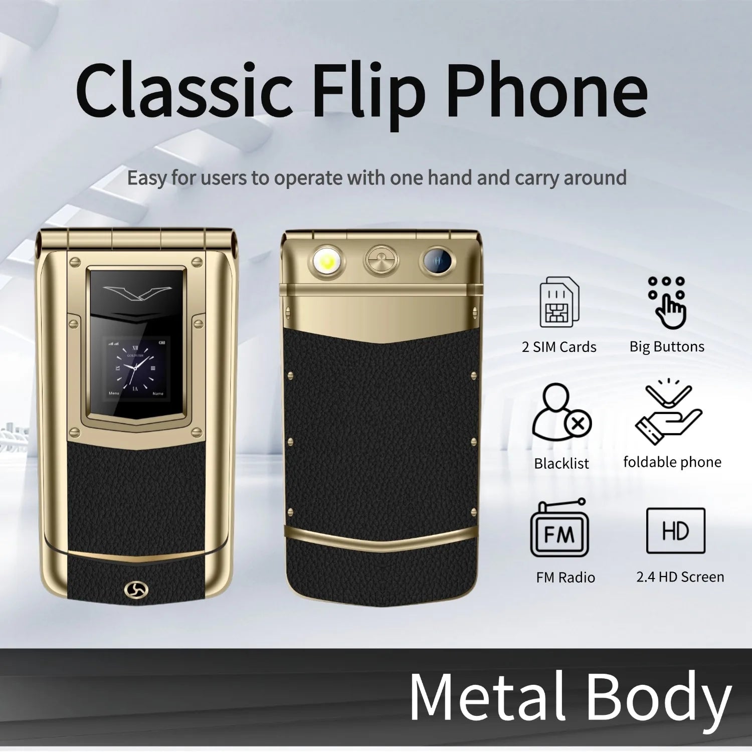 Luxury Metal Flip Phone for Men Dual SIM Business Phone Big Button Dual Screen Magic Voice Blacklist Senior Classic Mobile