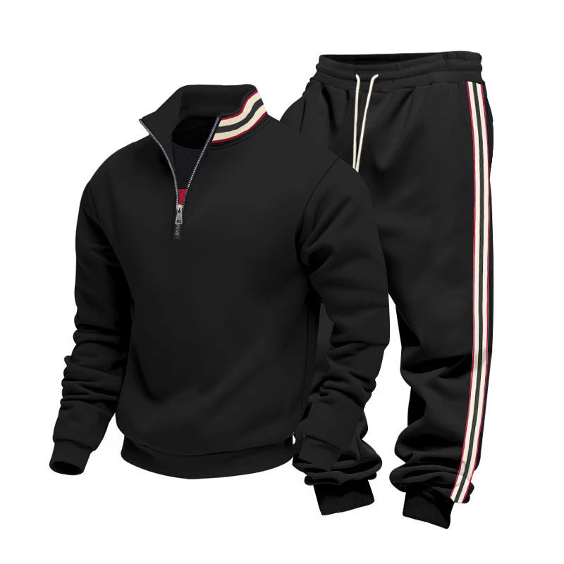 New Casual Mens Tracksuits Autumn Winter Fashion Striped Patchwork Two Piece Sets Men Stand Collar Sweatshirt And Pants Outfits