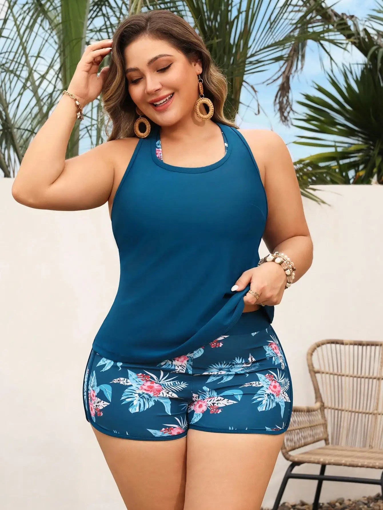 Floral Print Plus Size 3-Piece Swim Set: Racerback Bra Top, High-Waisted Shorts, Sleeveless Cover-Up For Beach And Pool