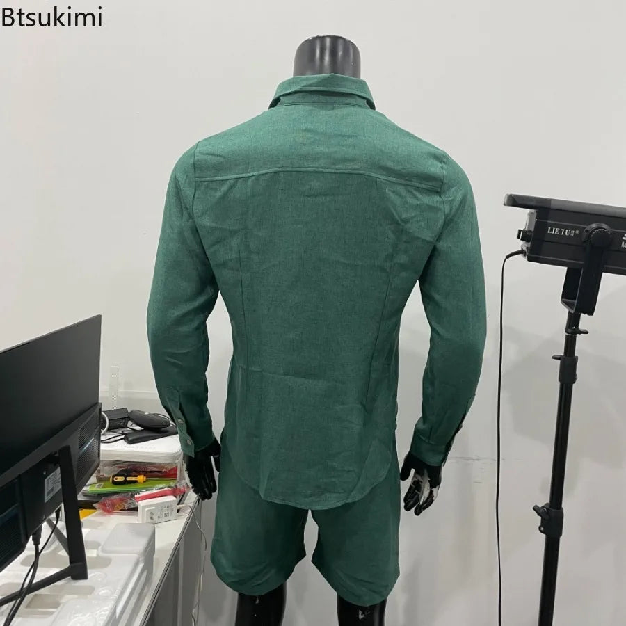 2026 Fashion Streetwear Men's Summer Comfy Cotton Linen Casual Suit Long-sleeved Shirt and Shorts Two-pieces Men Vacation Outfit