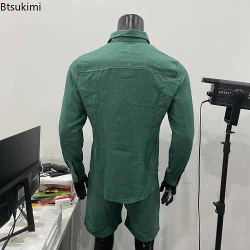 2026 Fashion Streetwear Men's Summer Comfy Cotton Linen Casual Suit Long-sleeved Shirt and Shorts Two-pieces Men Vacation Outfit