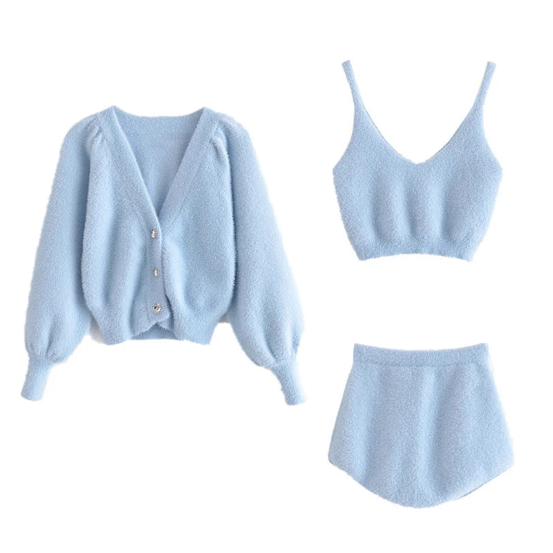 Taruxy Women Two Piece Sets Outfits White Plush Mohair Drill Button Cardigan Coats With Bra Tops And Mini Shorts Matching Sets