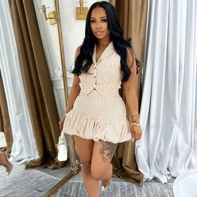 Doyerl Striped Print Two Piece Outfits Woman Summer Clothes Sleeveless Single-breasted Notched Vest Top and Puff Mini Skirt Sets